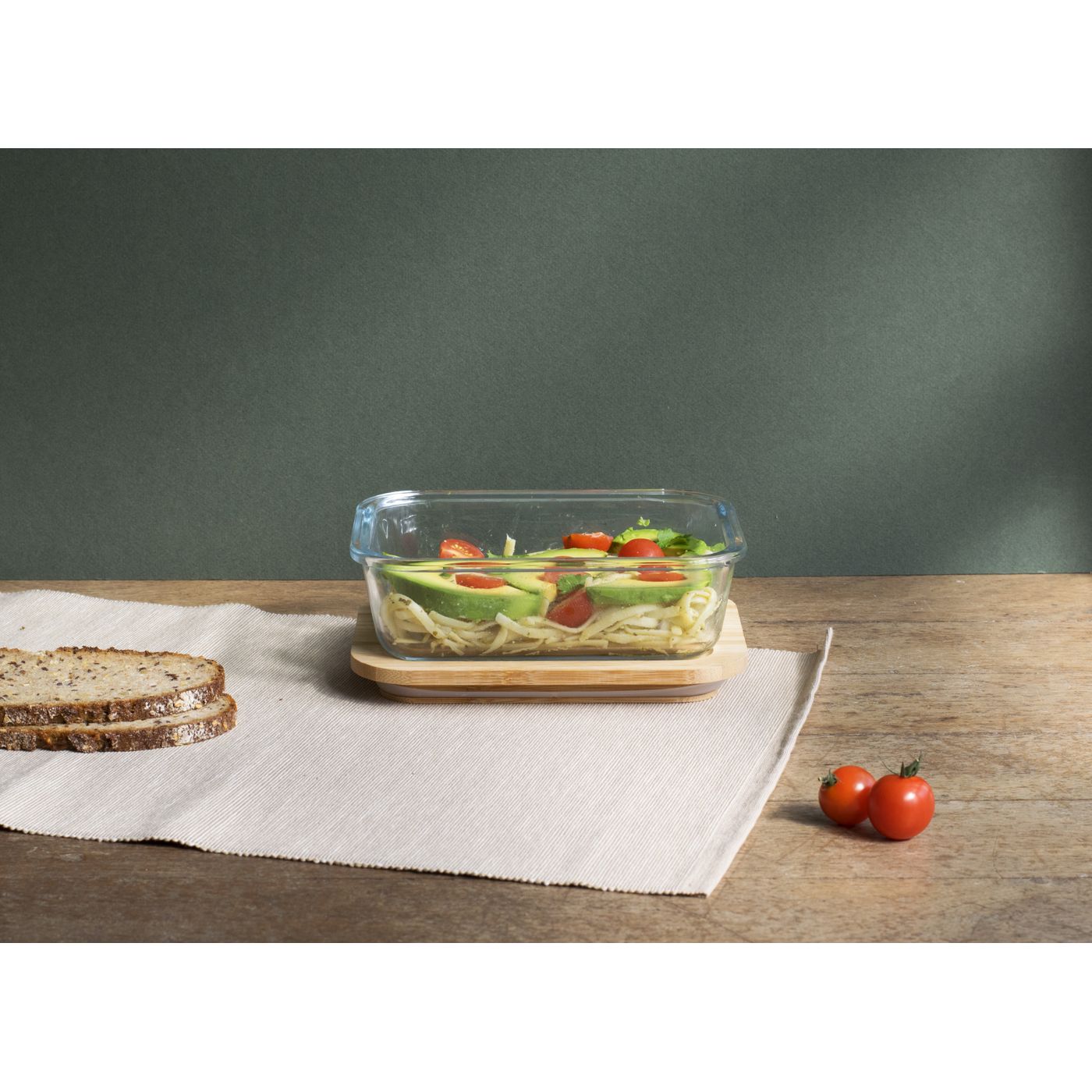 Boite rectangle en verre + couvercle bambou 1 L